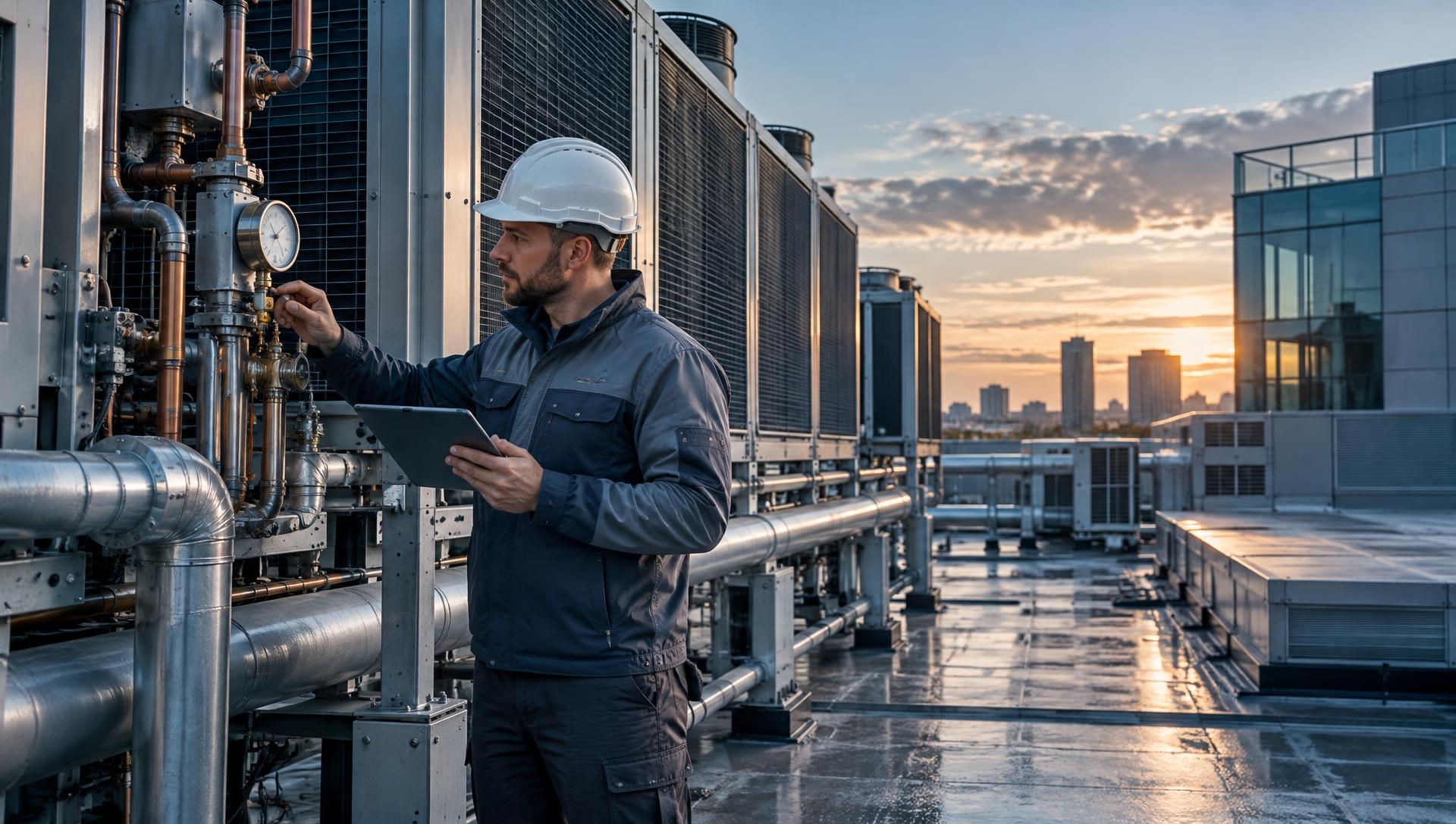 HVAC-technicus met tablet controleert een manometer op een groot dakterras met industriële luchtbehandelinginstallaties